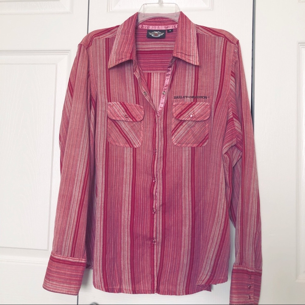 Harley Davidson Pink LS Striped Blouse